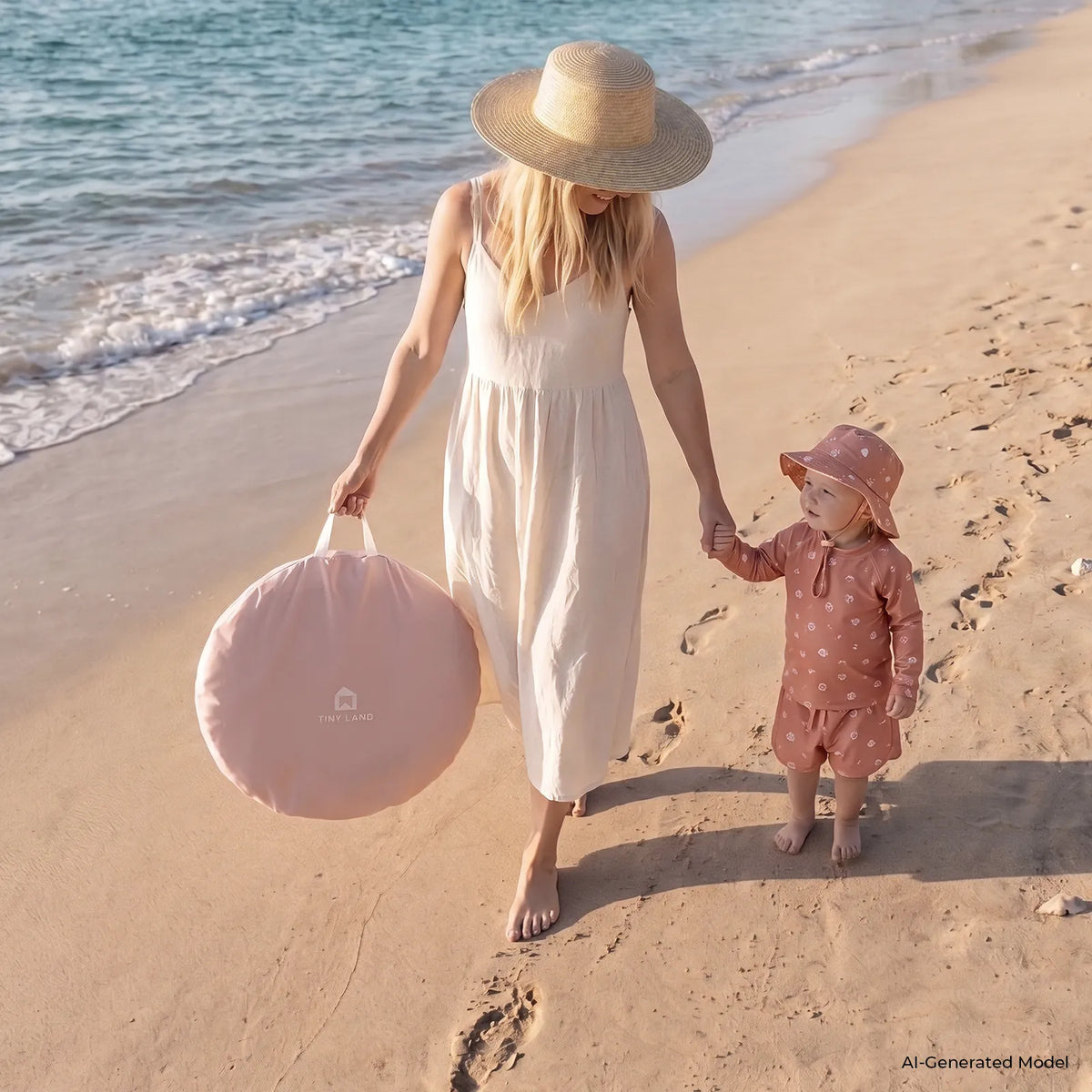 Pink fabric tent carry bag on a sandy beach