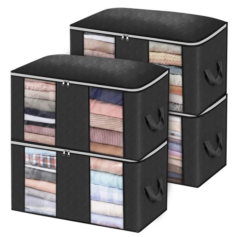 Black 4-pack fabric clothes organizer cubes, window panels, carry handles
