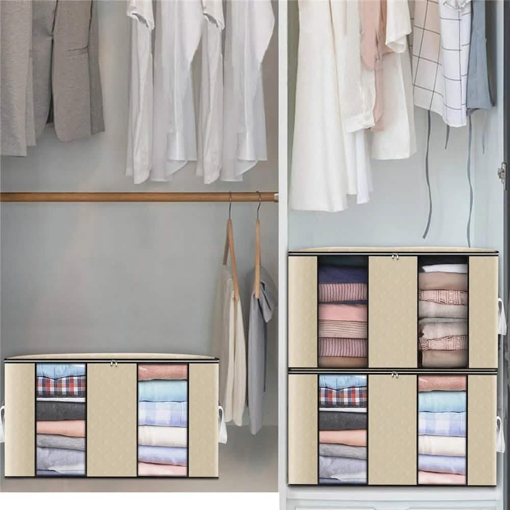 Beige 4-pack fabric clothes organizer cubes with window panels, open tops, carry handles