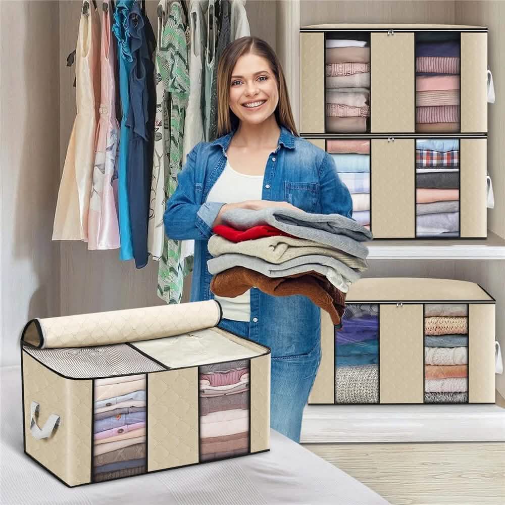 Beige 4-pack fabric clothes organizer cubes with window panels and fold-flat design