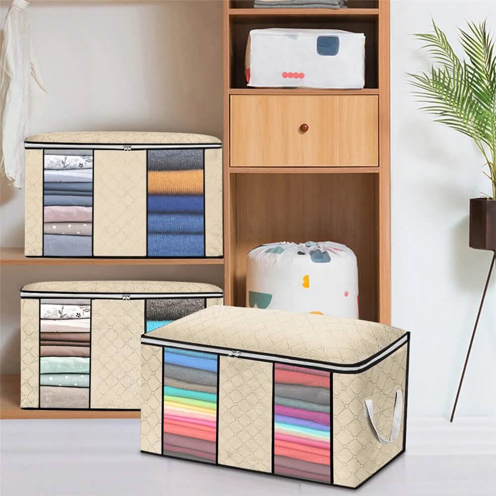 Beige 4-pack fabric clothes organizer cubes with quilted fabric, window panels, handles