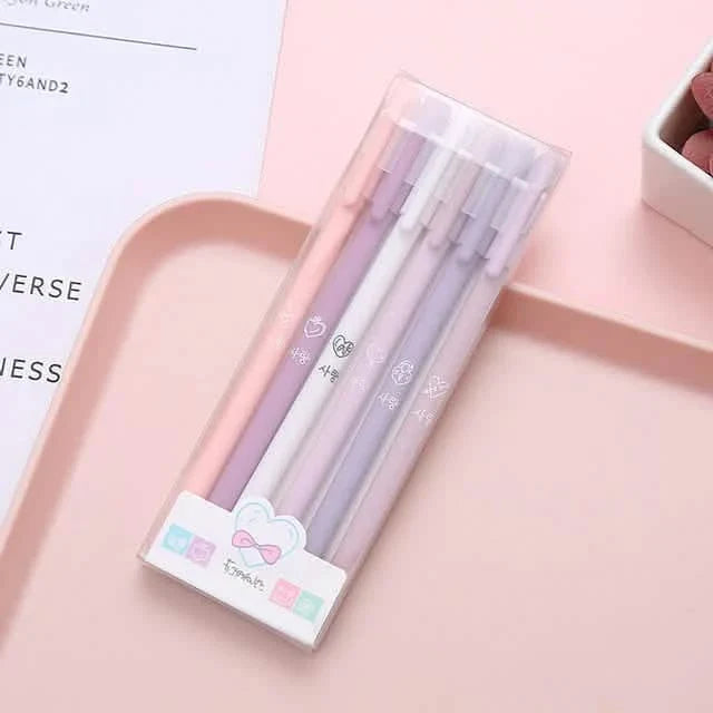 4-pack lavender pastel gel pens in clear case with heart decals, soft purple tones