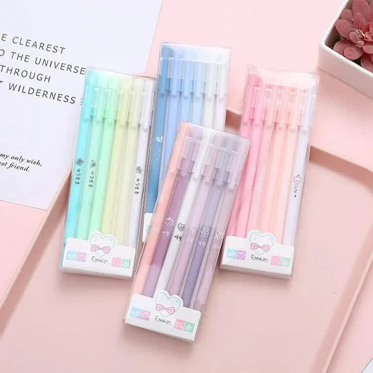 4-pack pastel Morandi gel pens with cute heart designs, clear barrels