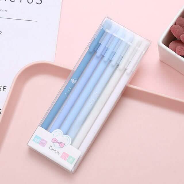 4-pack blue pastel gel pens in clear case with heart decals and cute icons
