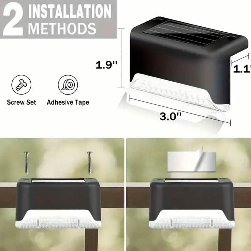Solar deck light showing screw and adhesive installation, black rectangular housing