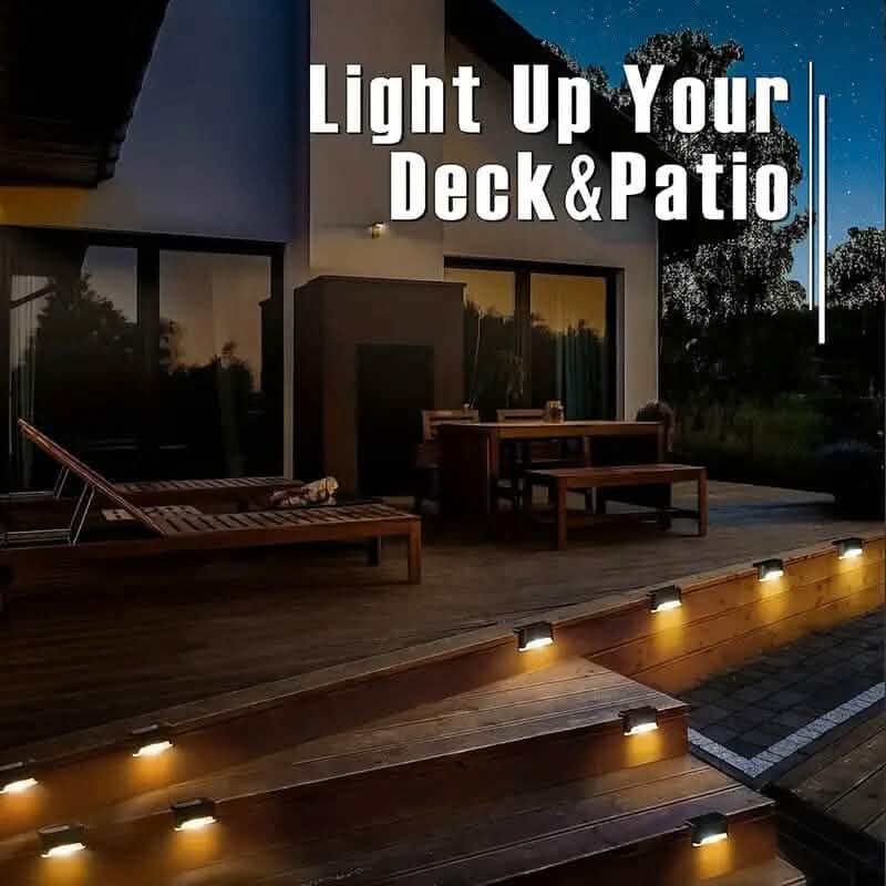 Solar deck and patio lights, black units shining along outdoor steps at night