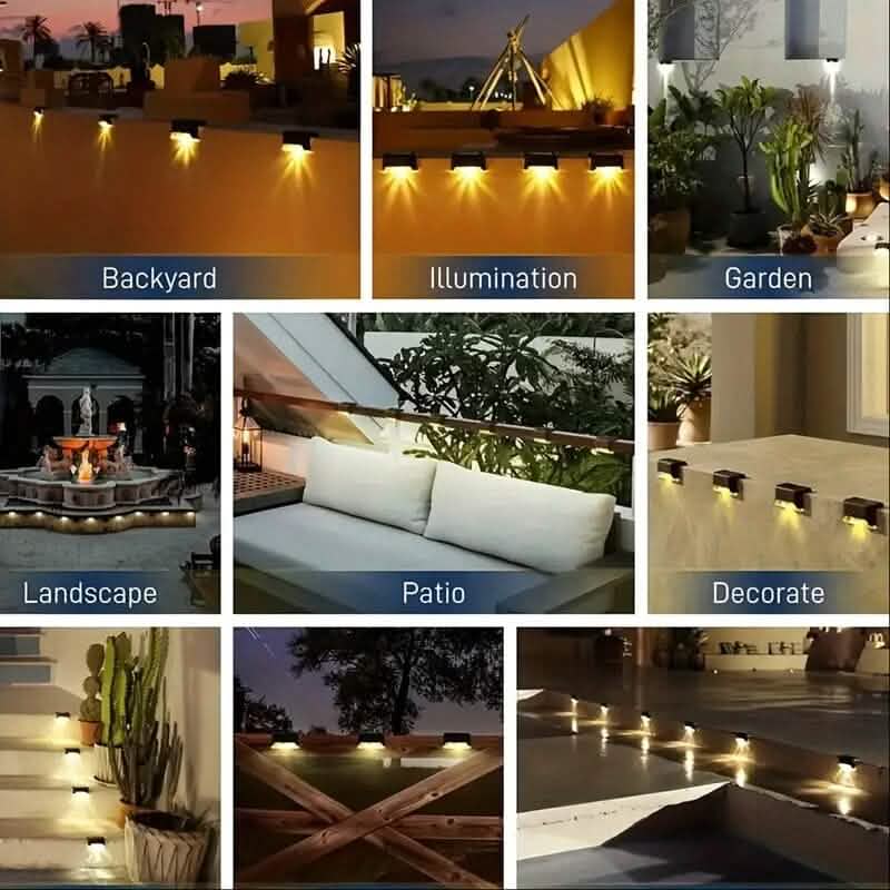 Outdoor solar deck lights, black rectangular units glowing along patios, gardens, and paths