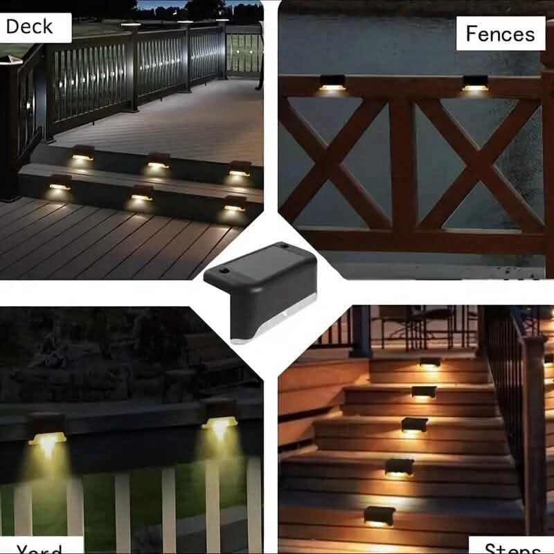4-pack solar deck lights with black housing, glowing along deck boards, fences, and steps