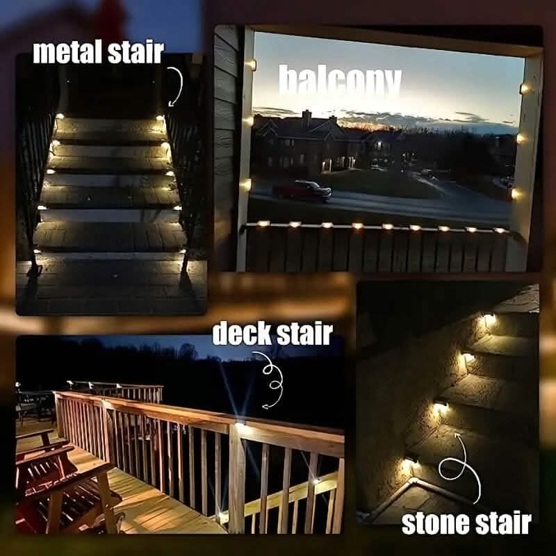 Solar stair lights, black rectangular fixtures glowing along deck, balcony, and stone steps