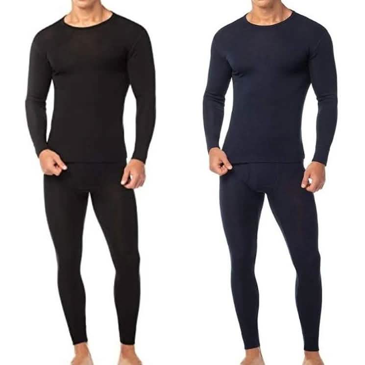 Men's cotton fleece thermal set with long-sleeve top and leggings in black and navy