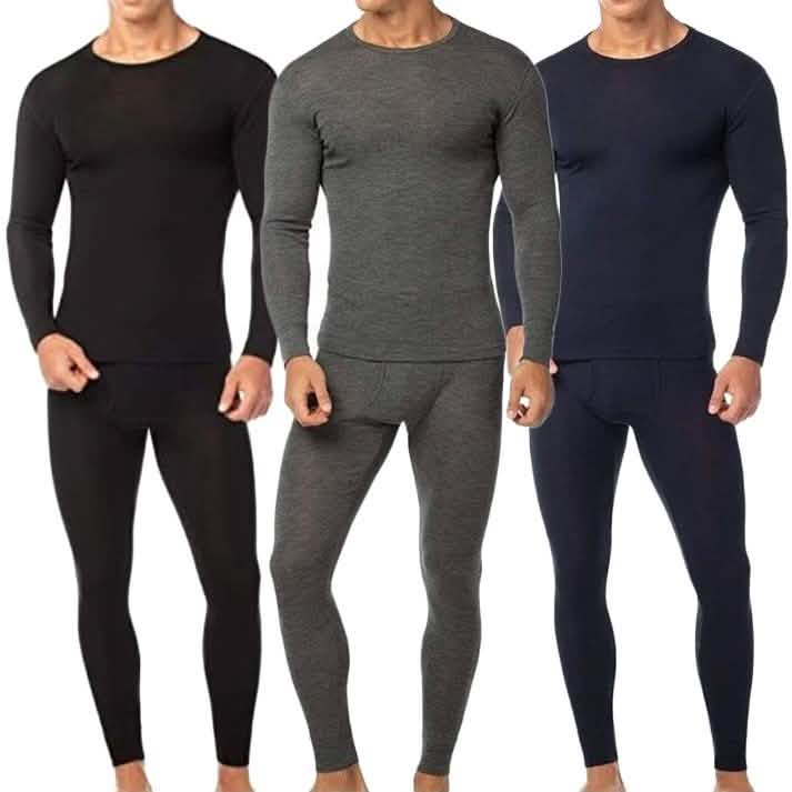 Men's cotton fleece thermal set, long-sleeve top and leggings in black, gray, navy