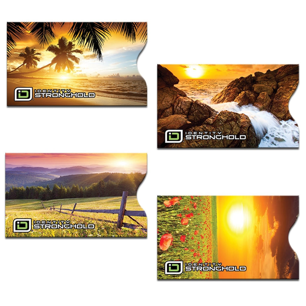 Sunset beach RFID credit card sleeves with Stronghold logo, 4 designs shown