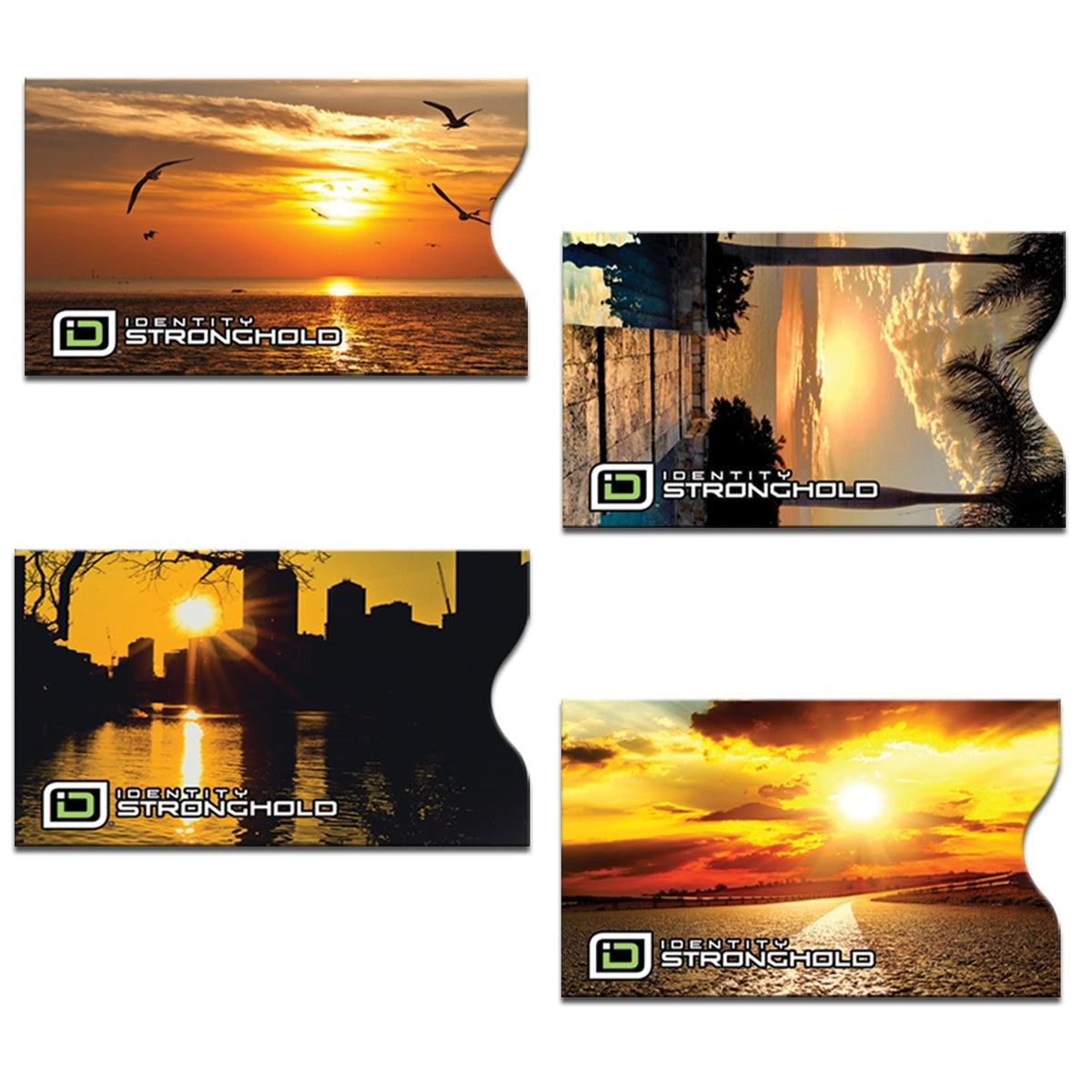 Sunset-pattern RFID credit card sleeves with Stronghold logo, 4 sleeves shown