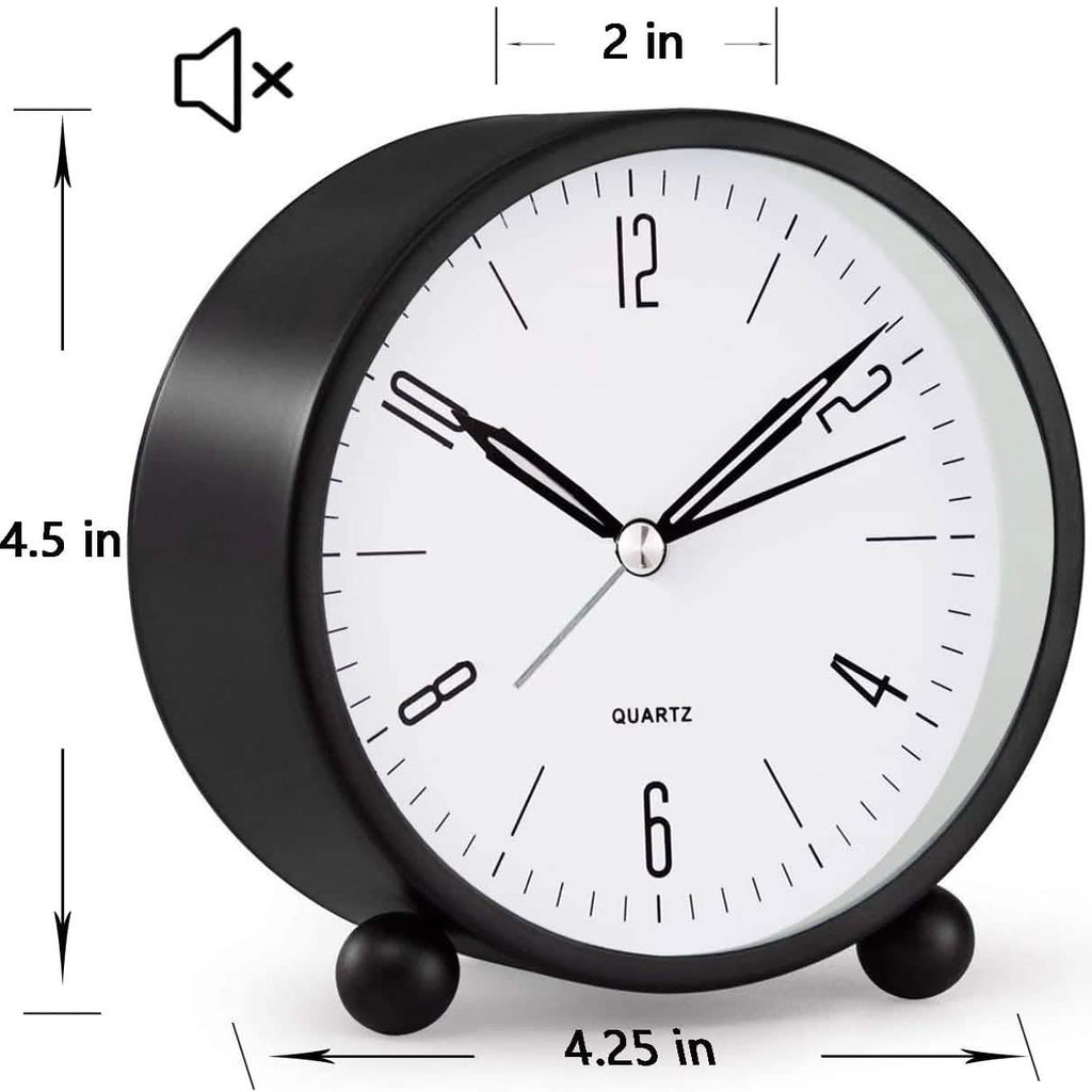 Black analog alarm clock shown with size measurements on dial and frame