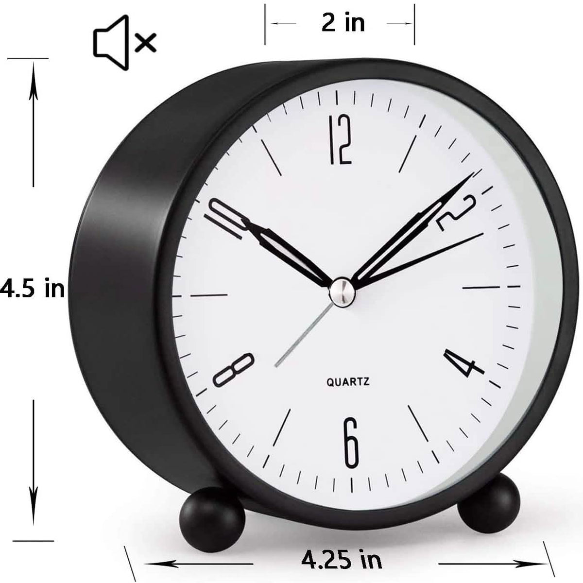 Black analog alarm clock shown with size measurements on dial and frame
