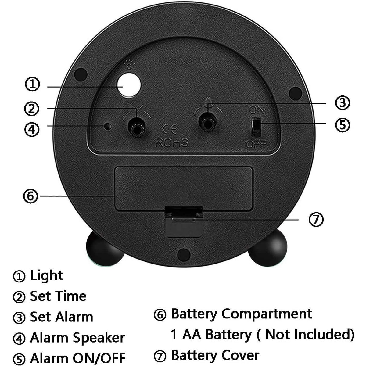 Black analog alarm clock rear view with battery compartment and light button