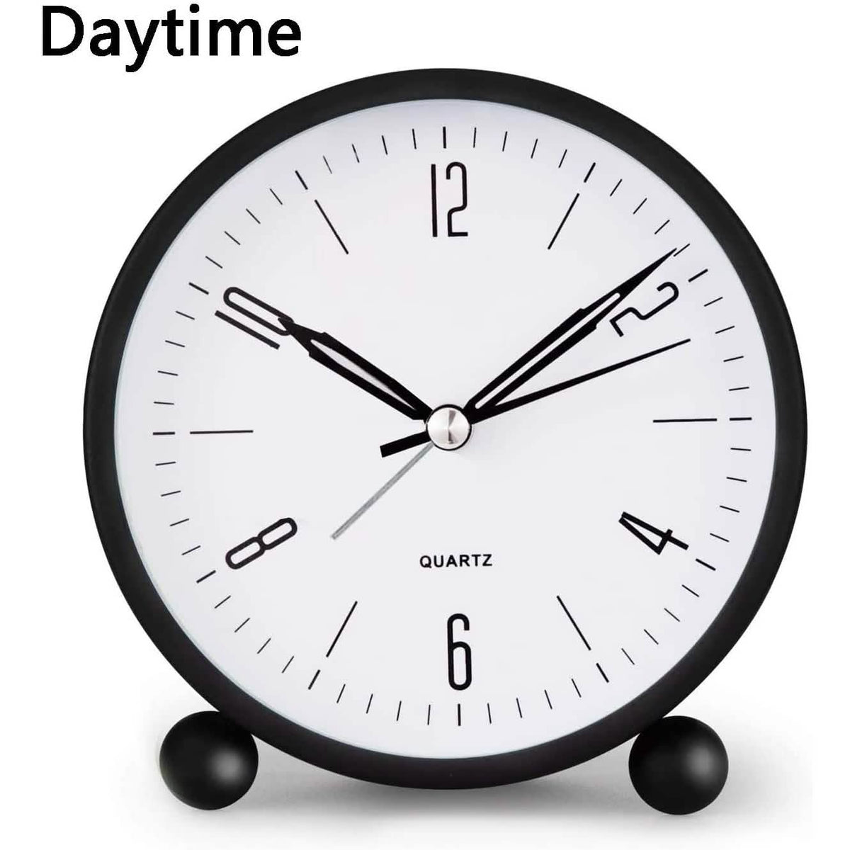 Black analog alarm clock with white dial, black hands, and twin bell stand