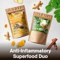 Turmeric ginger cinnamon and moringa tea bags in kraft pouches with herbs and spices