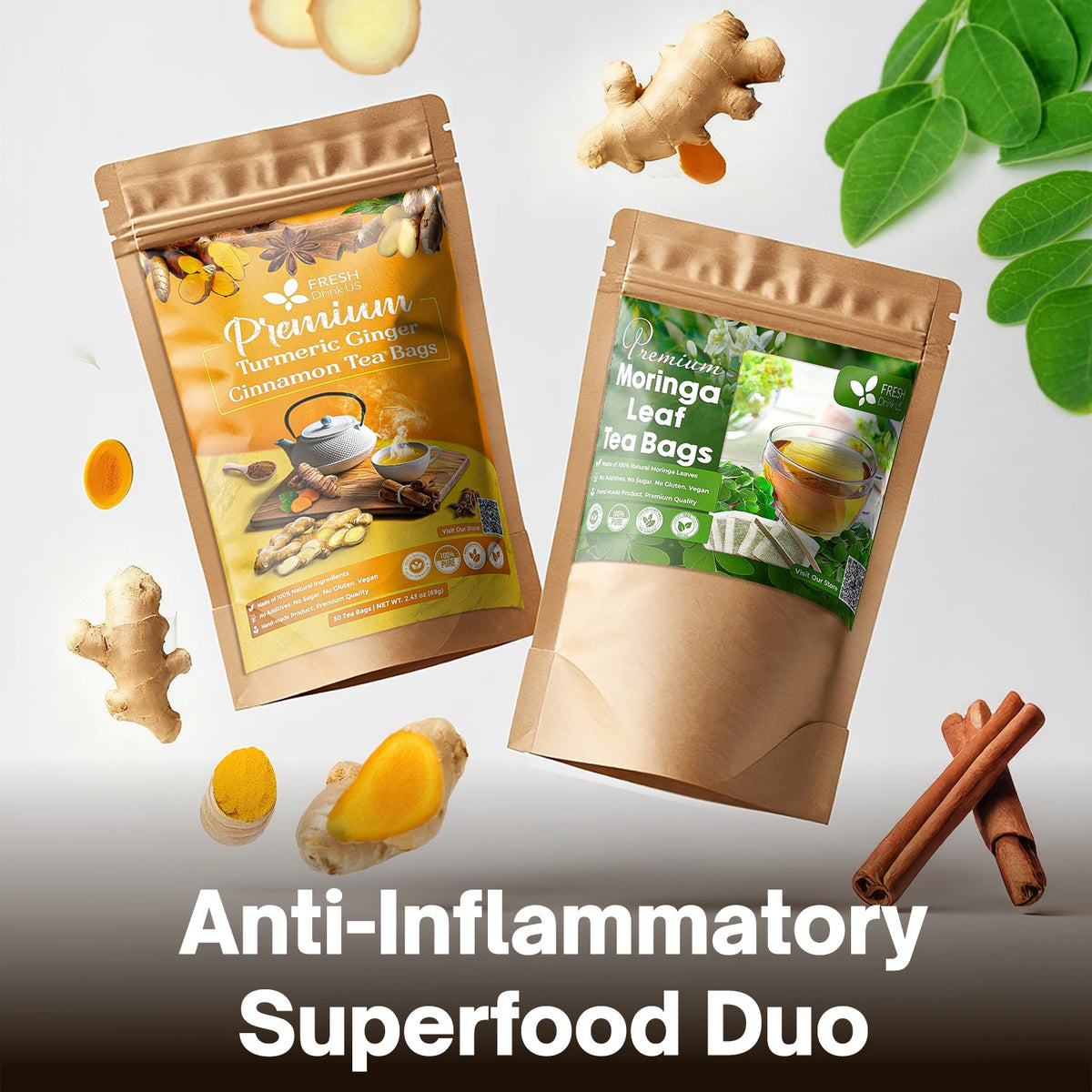 Turmeric ginger cinnamon and moringa tea bags in kraft pouches with herbs and spices