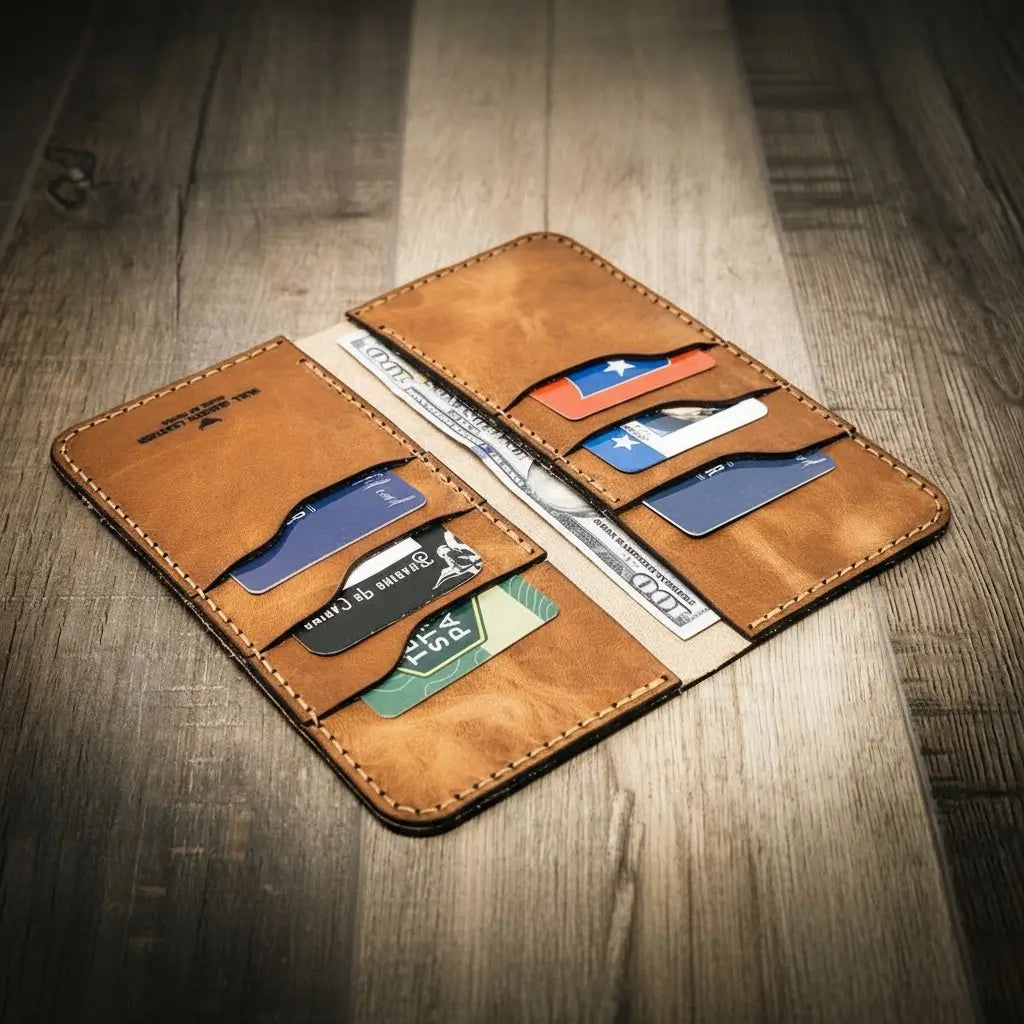 Tan long leather wallet opened to show card slots and bill compartment.