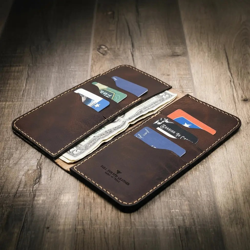 Brown long leather wallet opened with card slots and bill compartment, stitched trim.