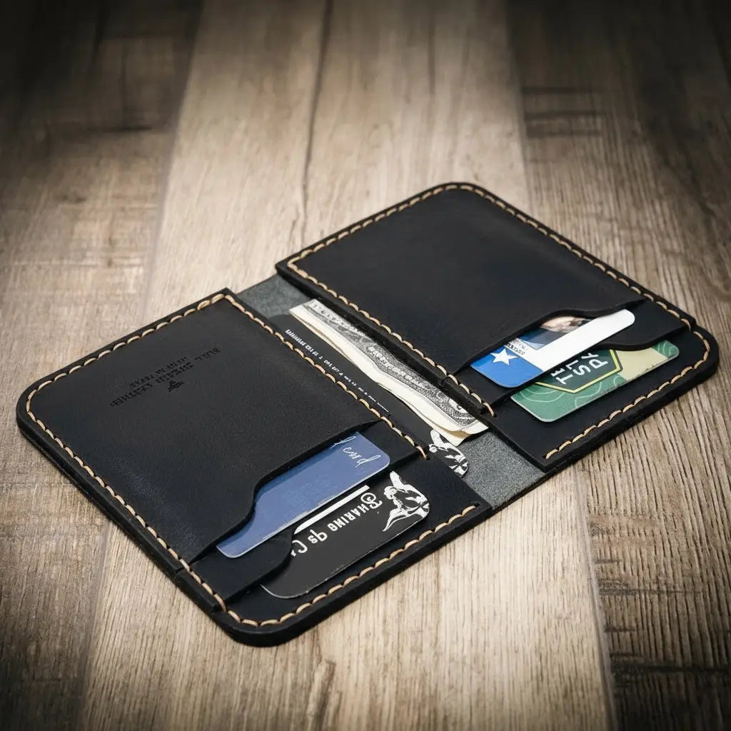 Black vertical leather wallet open to card slots with multiple inserted cards