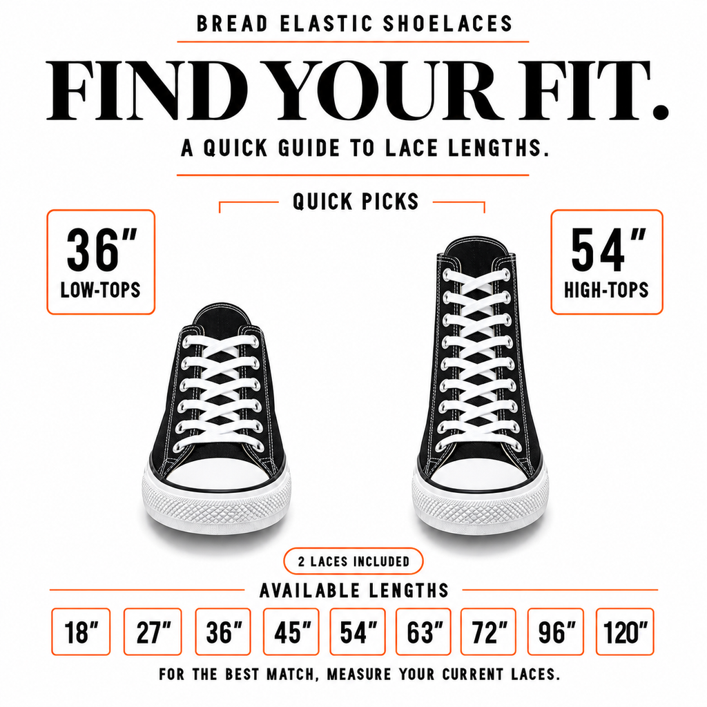 Black elastic shoelaces shown on low- and high-top shoes with length options