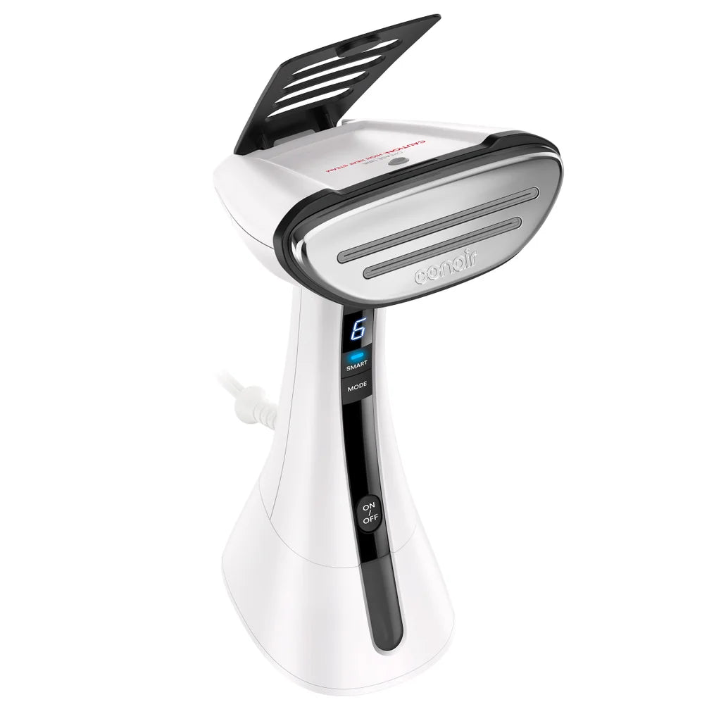 White handheld garment steamer with vented nozzle and blue control display
