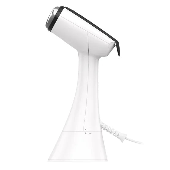 White handheld garment steamer with black handle cap and attached power cord