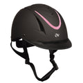 Black equestrian helmet with pink glitter swoosh and chin strap