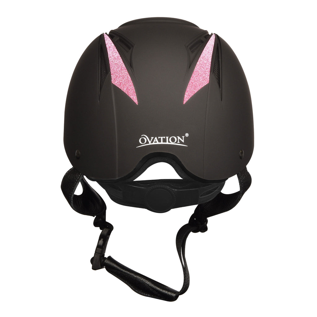 Black equestrian helmet with pink glitter accents, OVATION logo and rear chin straps
