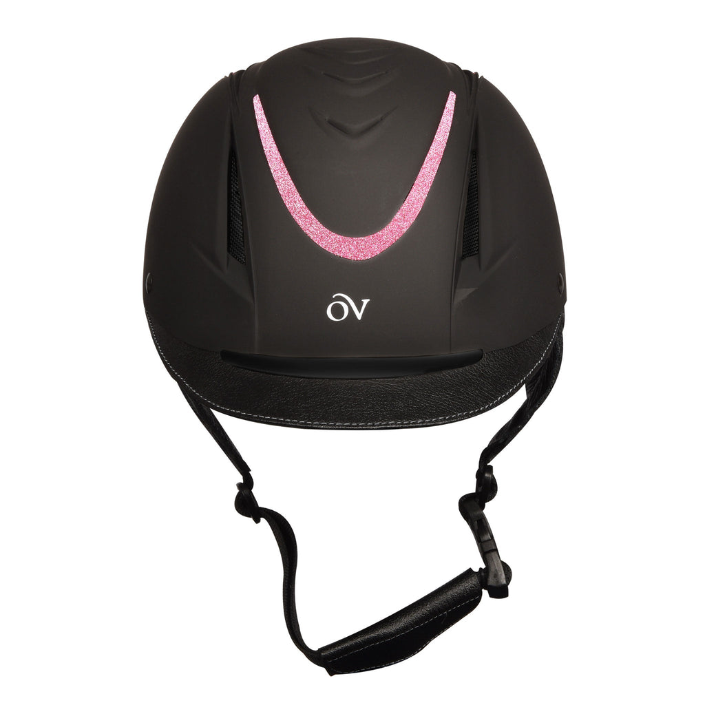 Black equestrian helmet with pink glitter stripe and Ovation logo, chin straps