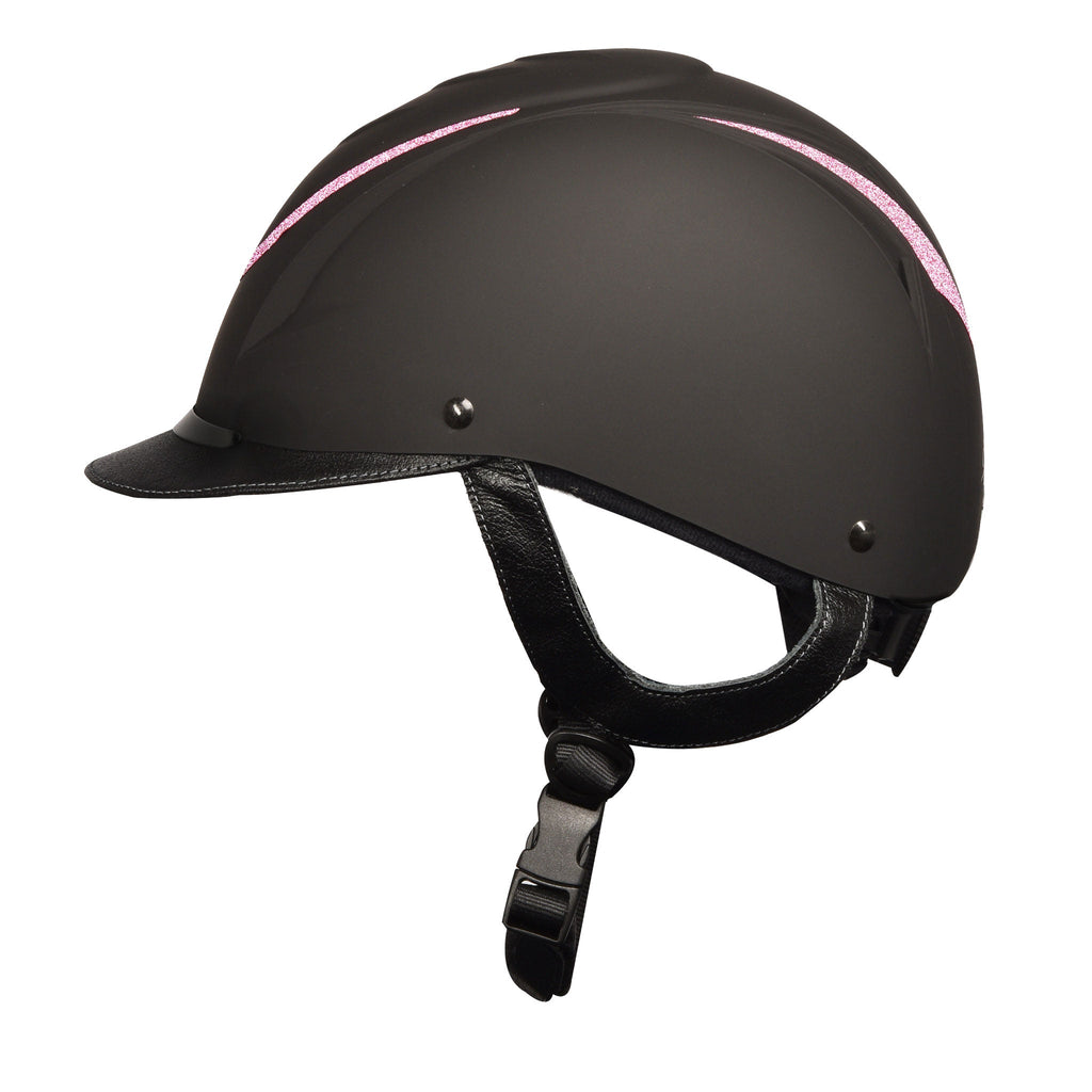 Black equestrian helmet with pink glitter trim and side vent, chin strap