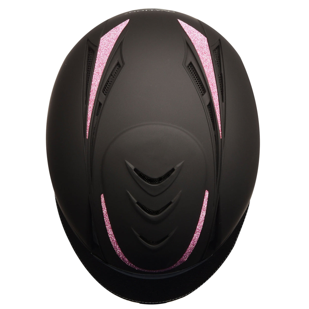 Black equestrian helmet with pink glitter detailing and vented face, chin strap