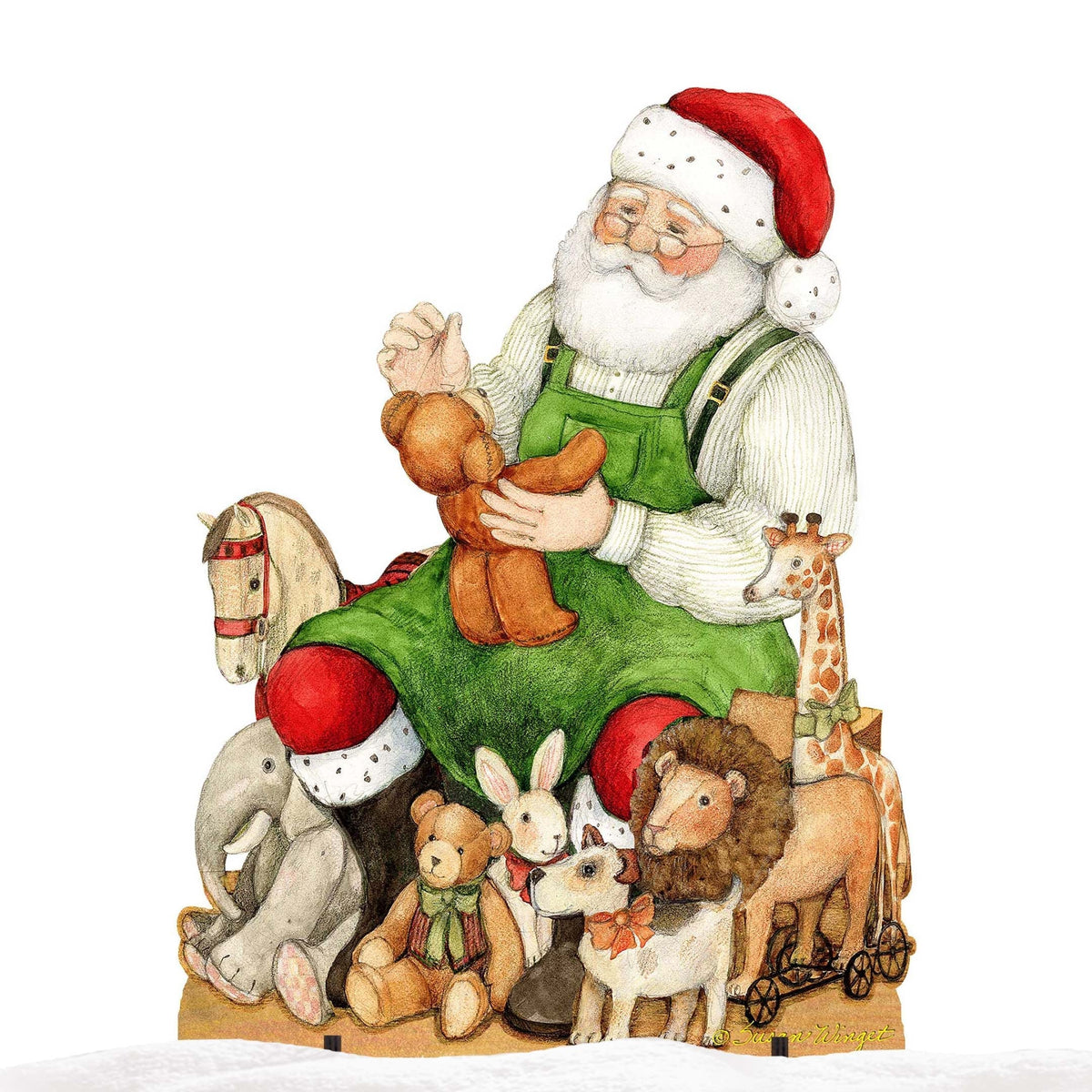 Santa yard decor with green coat, reindeer, snowman, and woodland animals on base