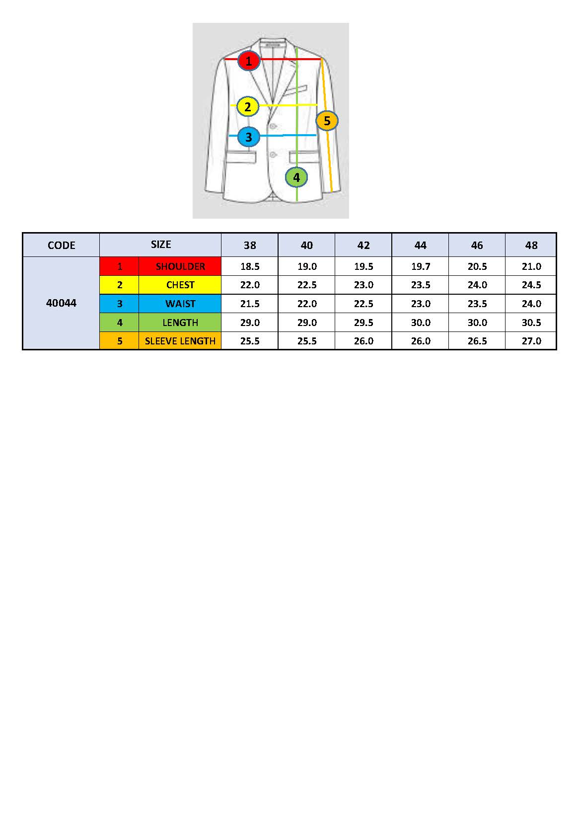 Blazer size chart with sizes 38–48 and measurements for chest, sleeve length, and length