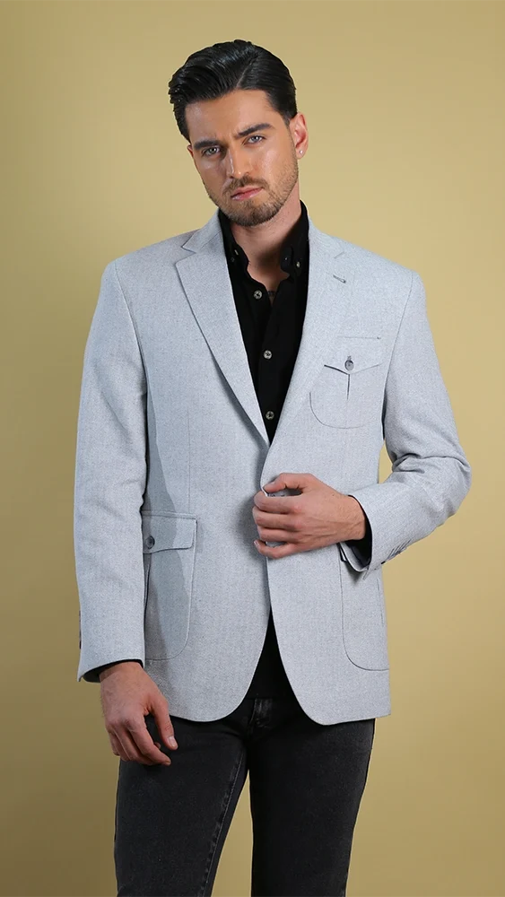 Be Spoke silver blazer with notch lapels, two-button front, flap pockets