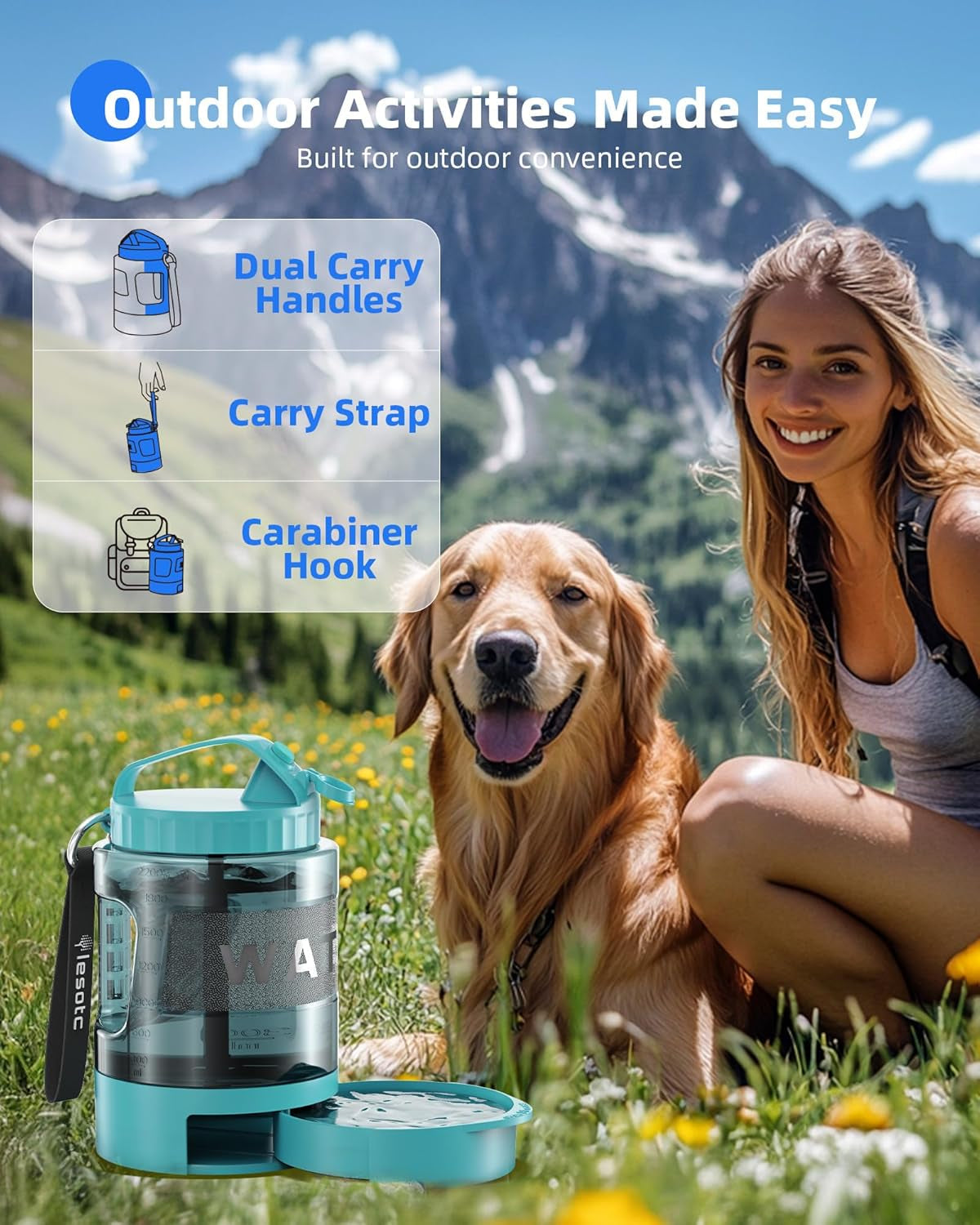 Teal portable dog water bottle with fold-out bowl, carry strap, and carabiner