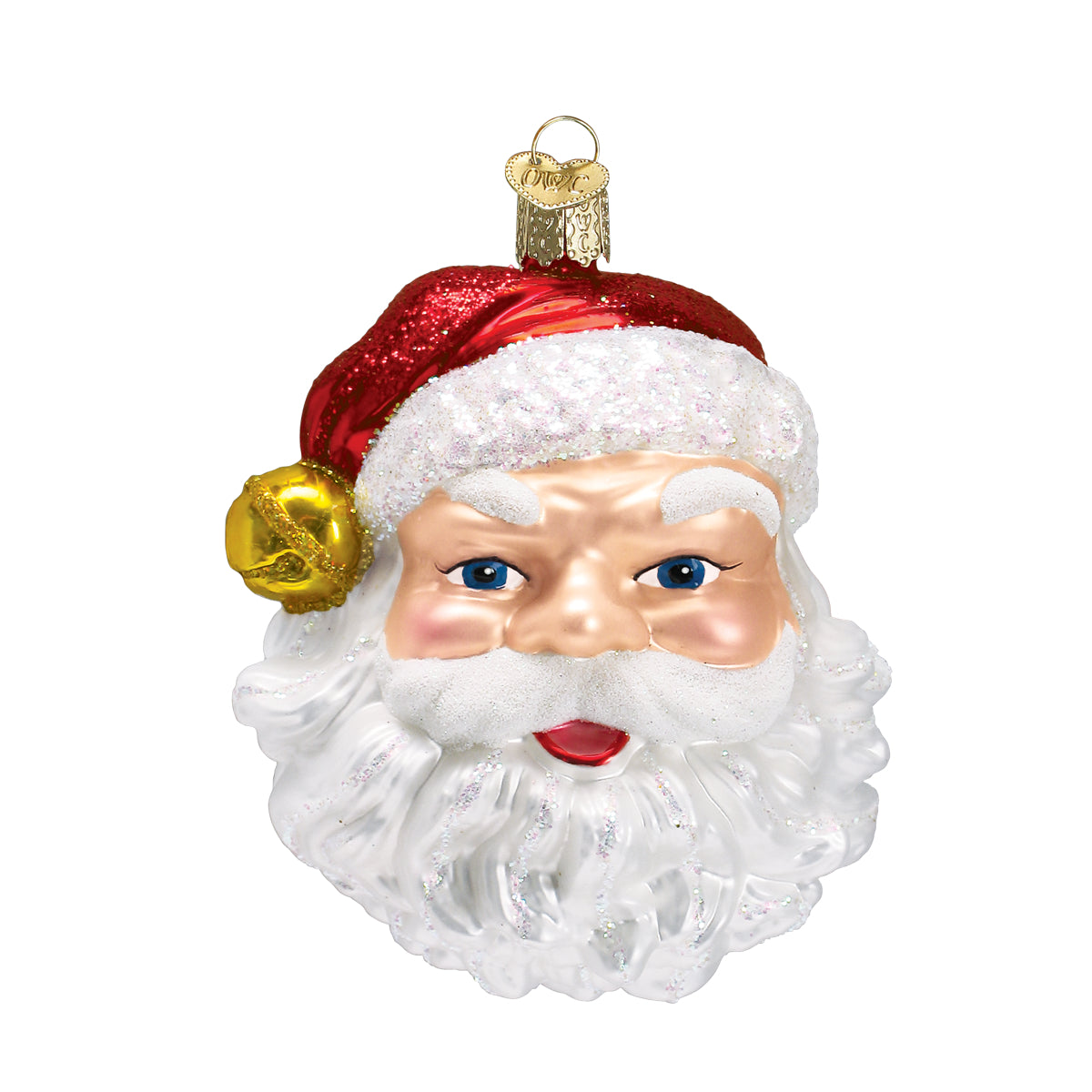 Close-up of Santa face ornament with glittery red hat, gold bell, and white beard