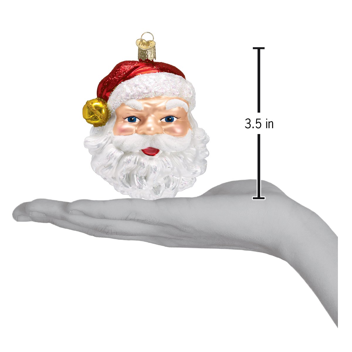Santa face ornament, 3.5 inches tall, with glittery red hat and gold bell