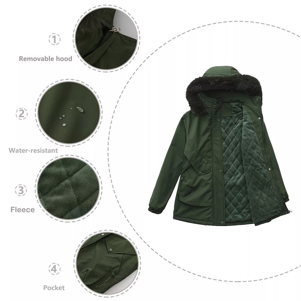 Plus-size winter parka in dark green with fur-trimmed, removable hood details