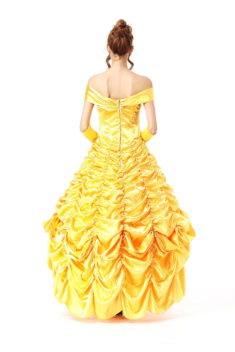 Yellow off-shoulder ruched ball gown with open back and voluminous ruffle skirt