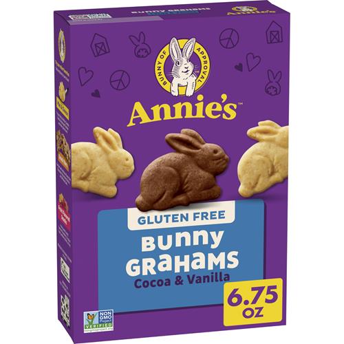 Gluten-free bunny grahams box, cocoa & vanilla, 6.75 oz, Annie’s purple packaging