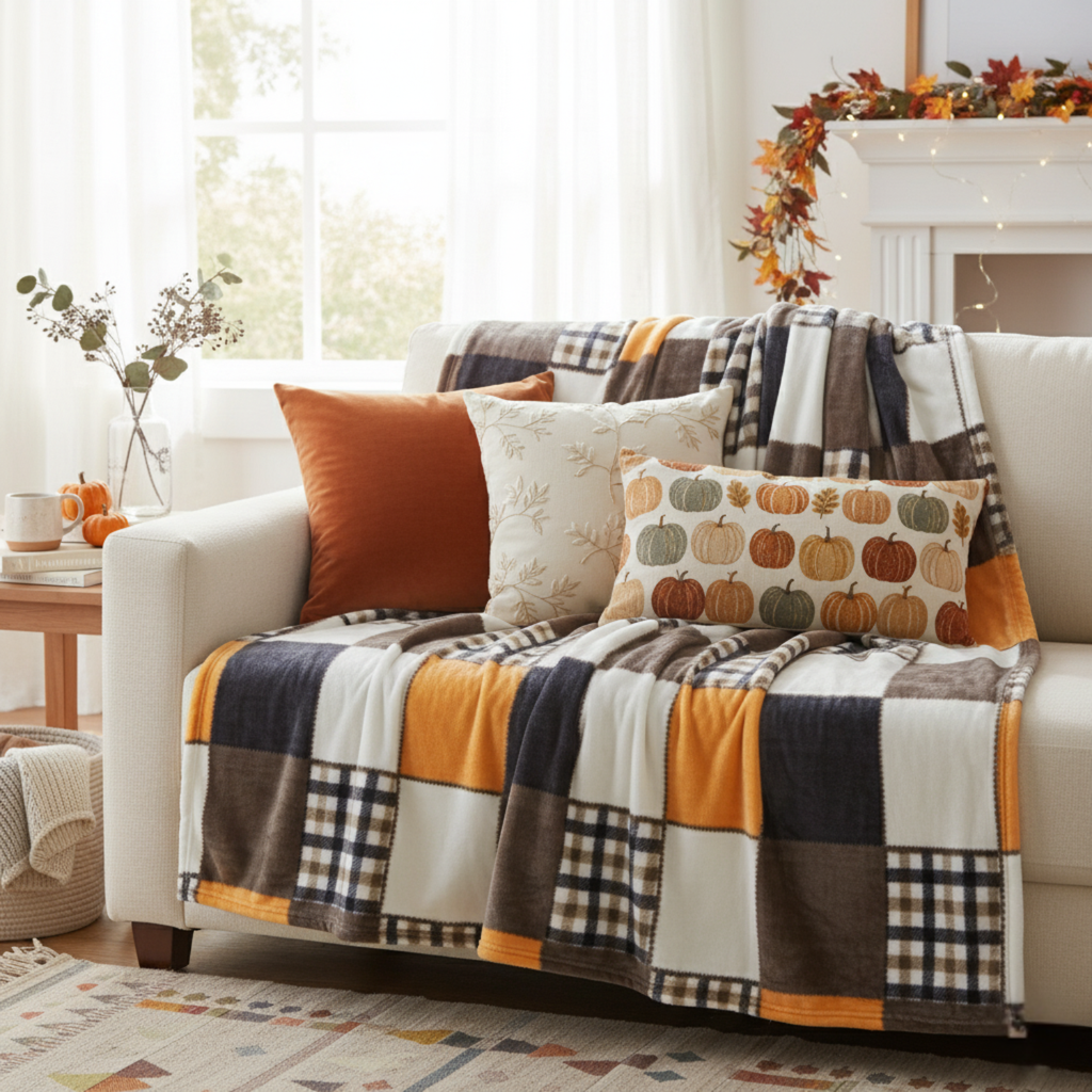 Plaid fleece throw blanket with orange and navy patchwork on sofa