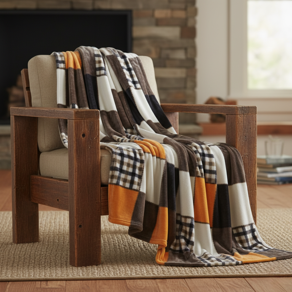 Plaid throw blanket draped over armchair, orange and dark brown patchwork blocks