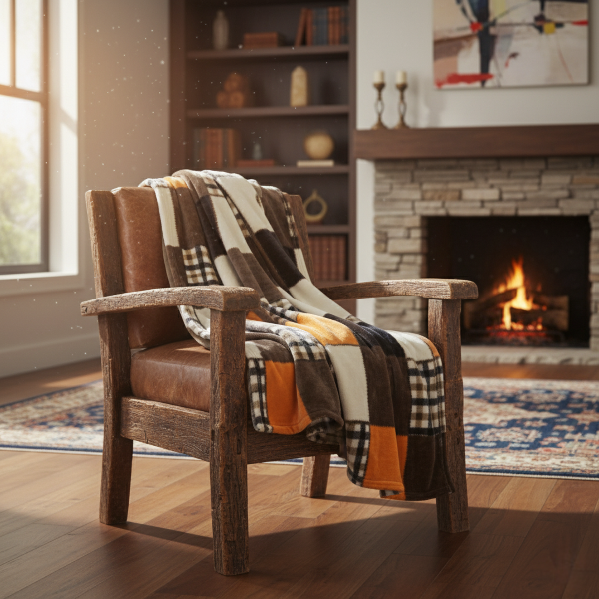 Plaid fleece throw blanket draped on wooden chair