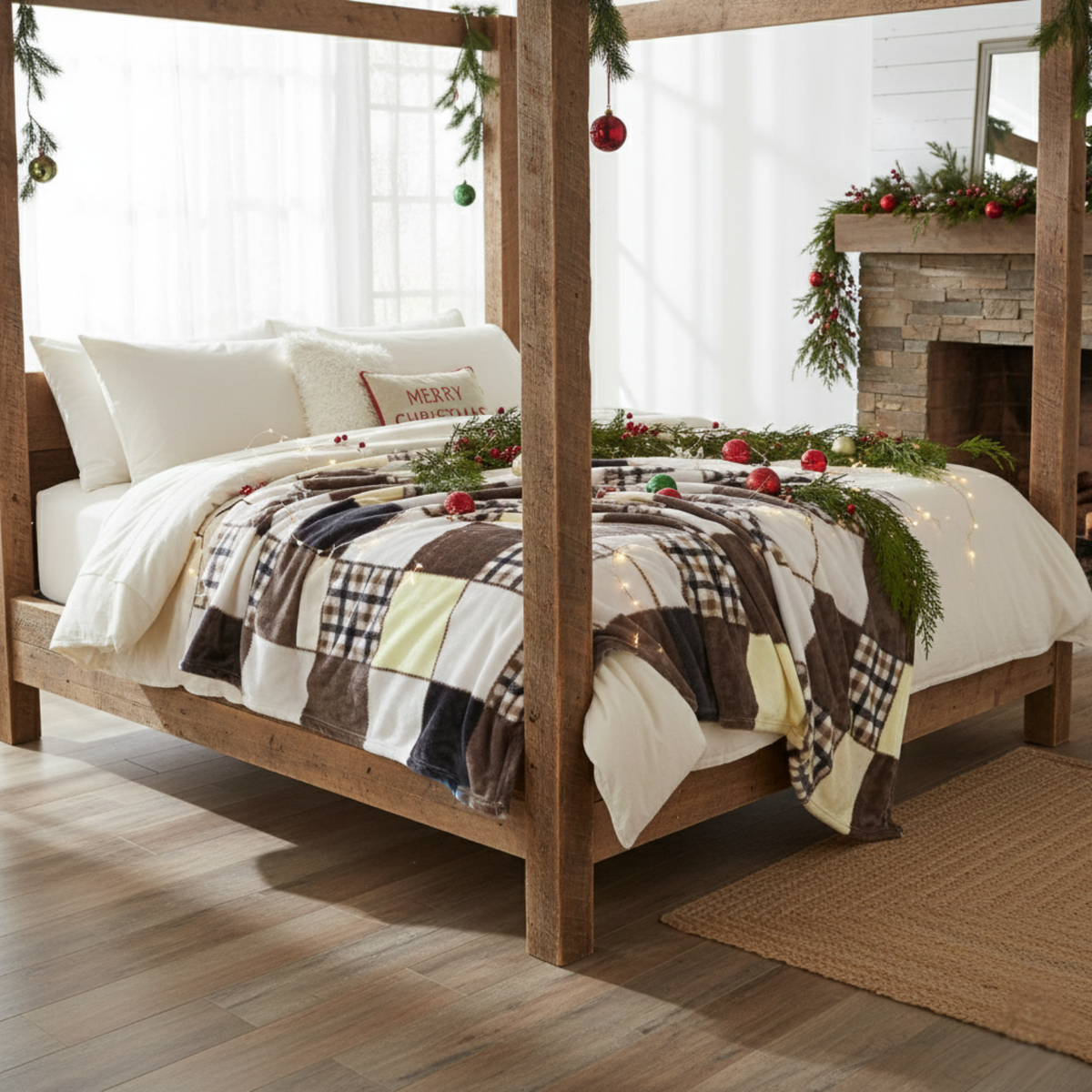 Patchwork plaid throw blanket on bed with brown, cream, and navy stripes