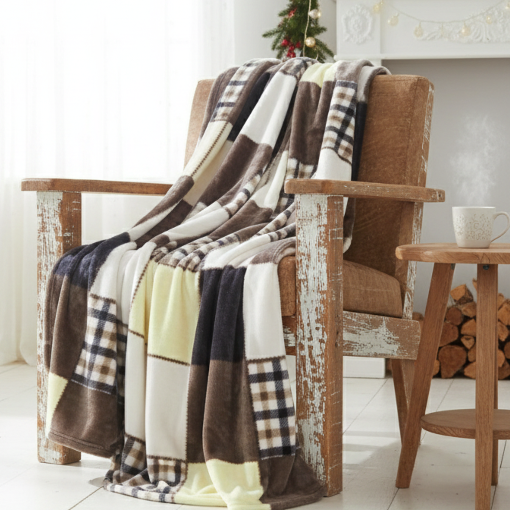 Patchwork plaid throw blanket with brown, cream, and navy sections