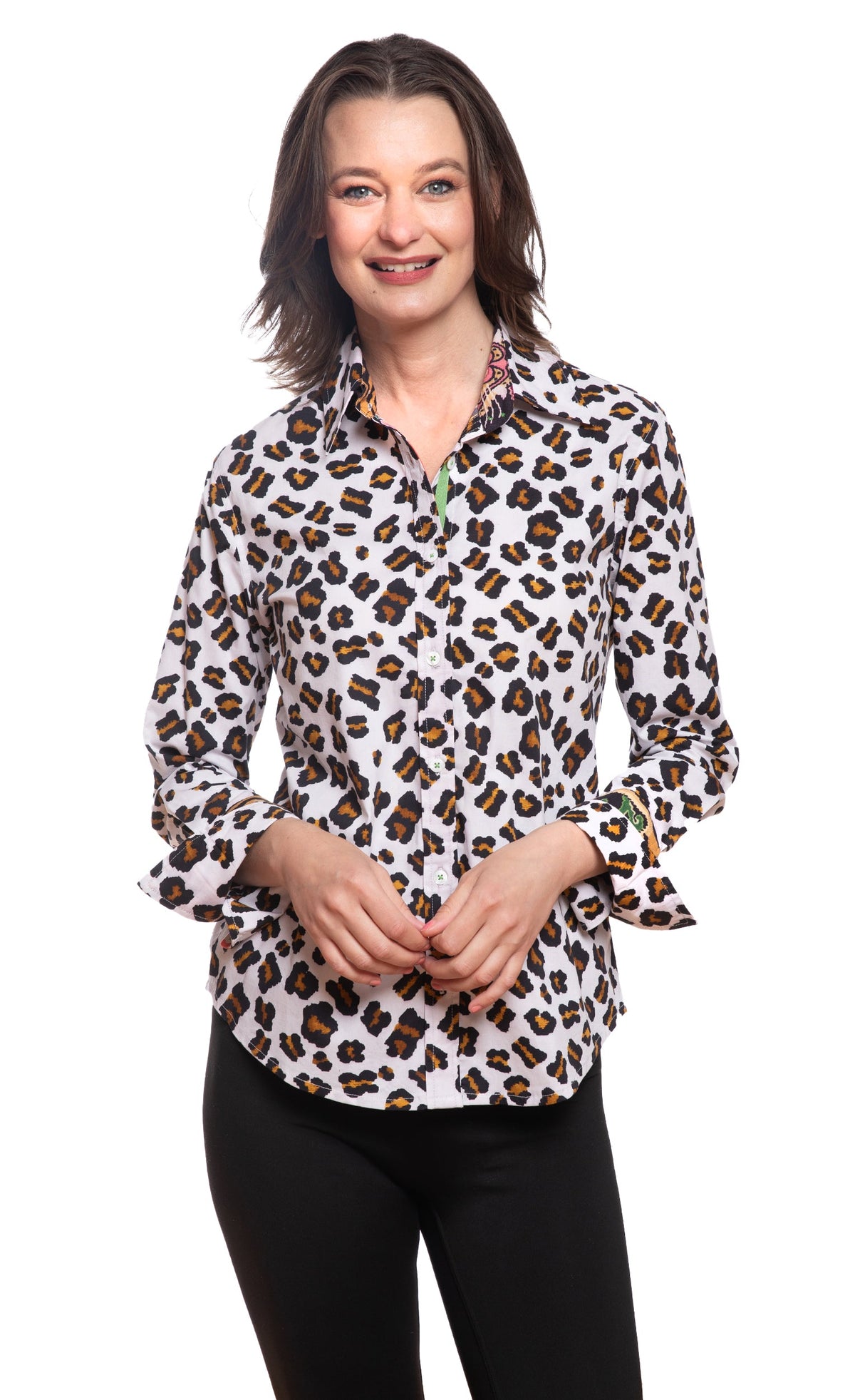 Oversized long-sleeve button-up shirt with full-front dotted leopard print