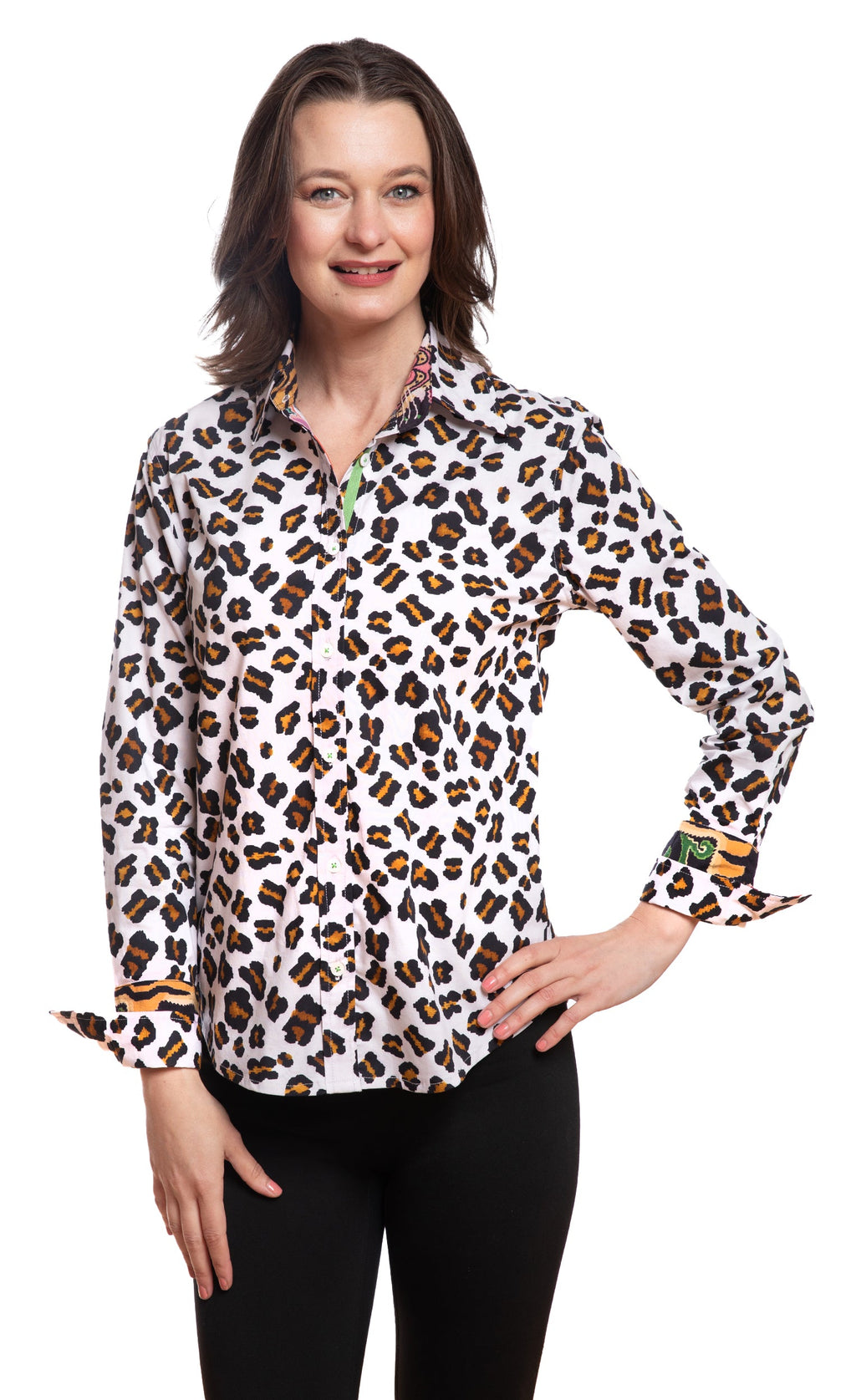 Oversized long-sleeve button-up shirt in white with multicolor dot pattern
